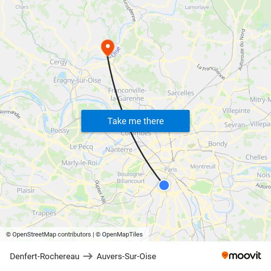 Denfert-Rochereau to Auvers-Sur-Oise map