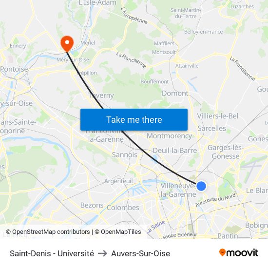 Saint-Denis - Université to Auvers-Sur-Oise map