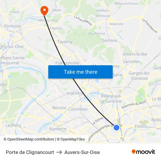 Porte de Clignancourt to Auvers-Sur-Oise map