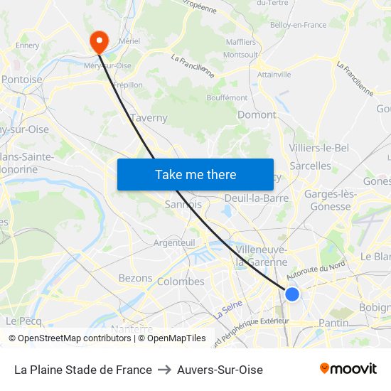La Plaine Stade de France to Auvers-Sur-Oise map