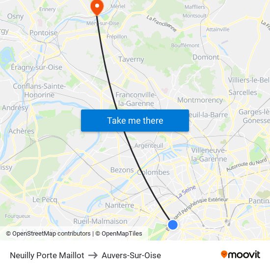 Neuilly Porte Maillot to Auvers-Sur-Oise map