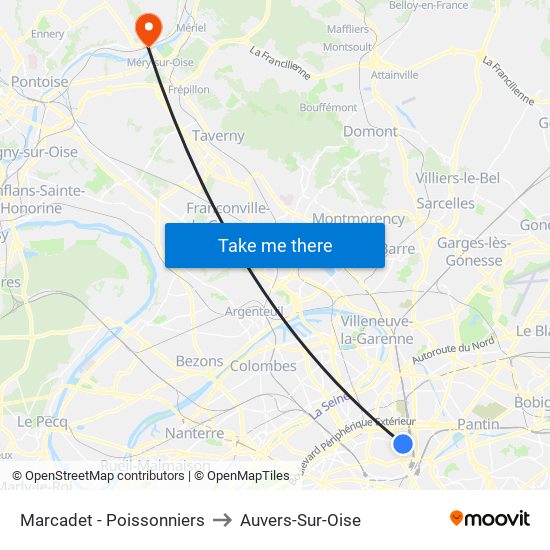 Marcadet - Poissonniers to Auvers-Sur-Oise map