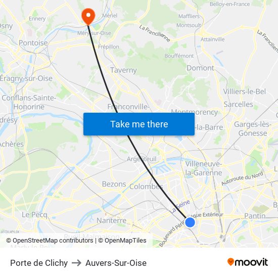 Porte de Clichy to Auvers-Sur-Oise map