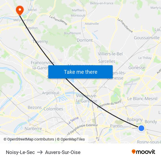 Noisy-Le-Sec to Auvers-Sur-Oise map