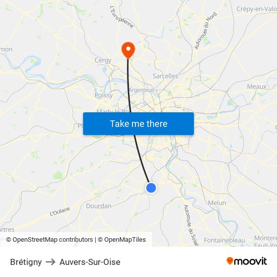 Brétigny to Auvers-Sur-Oise map