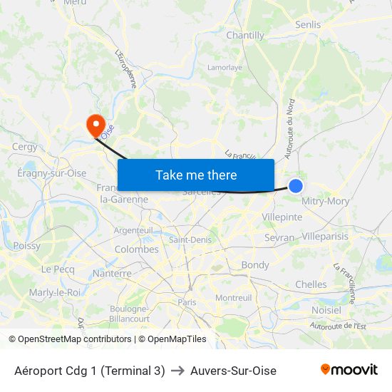 Aéroport Cdg 1 (Terminal 3) to Auvers-Sur-Oise map