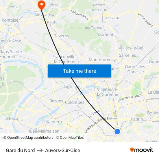 Gare du Nord to Auvers-Sur-Oise map