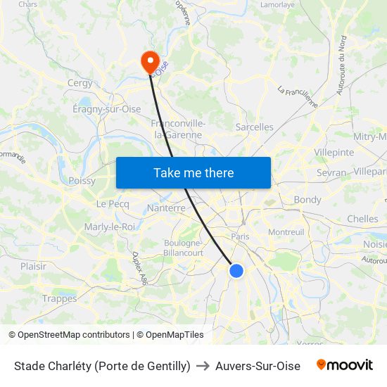 Stade Charléty (Porte de Gentilly) to Auvers-Sur-Oise map