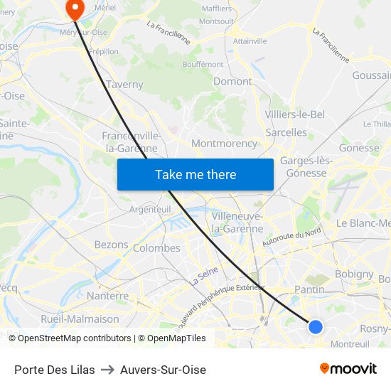 Porte Des Lilas to Auvers-Sur-Oise map