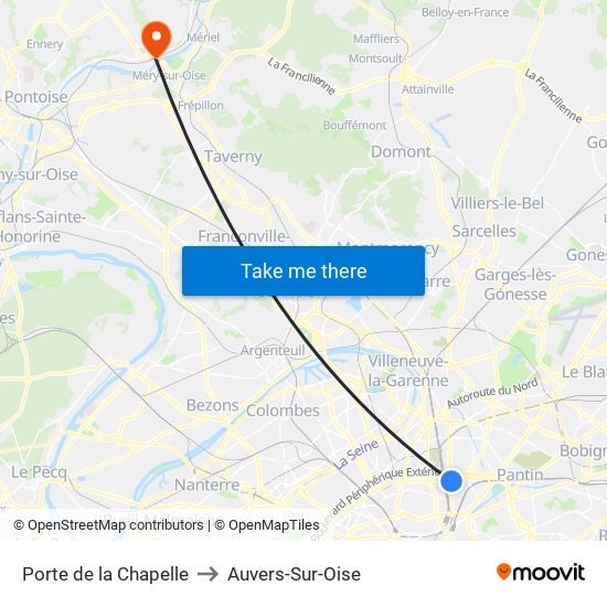 Porte de la Chapelle to Auvers-Sur-Oise map