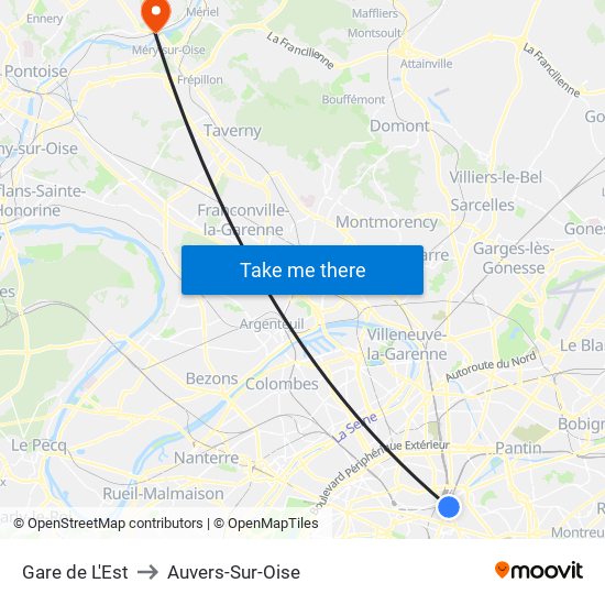 Gare de L'Est to Auvers-Sur-Oise map
