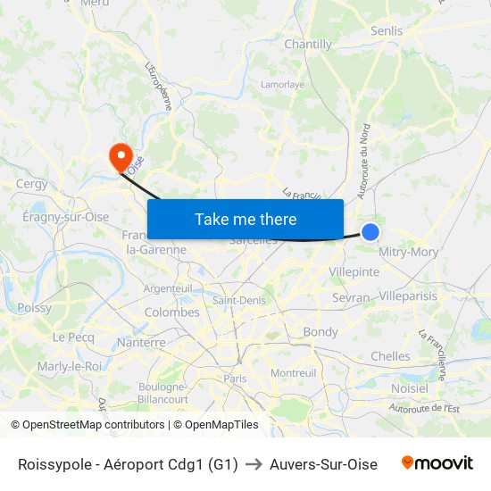 Roissypole - Aéroport Cdg1 (G1) to Auvers-Sur-Oise map