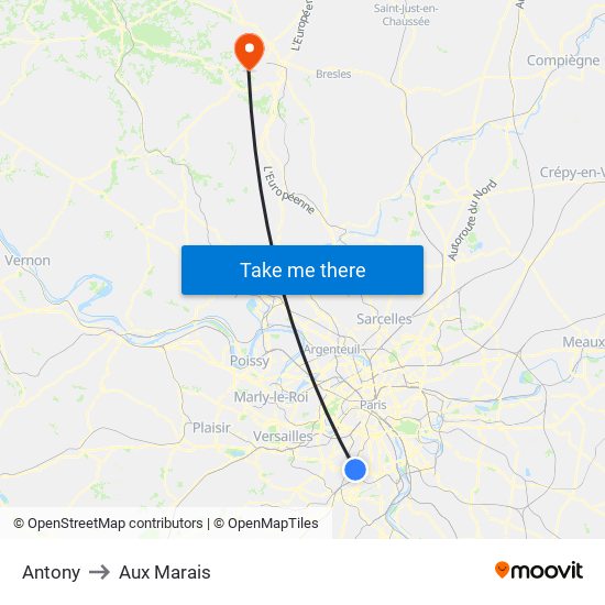 Antony to Aux Marais map