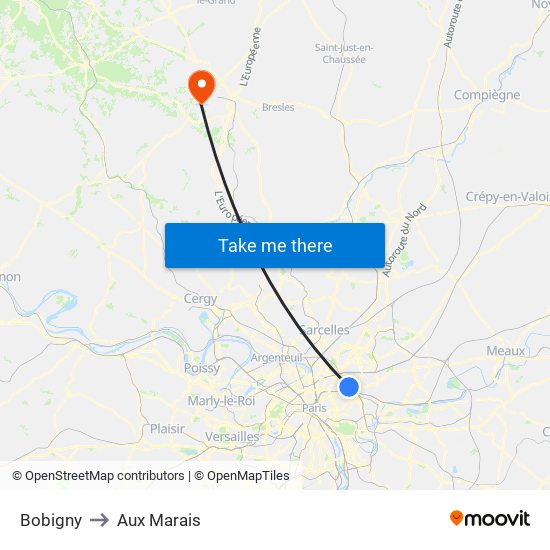 Bobigny to Aux Marais map