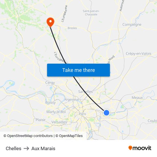 Chelles to Aux Marais map