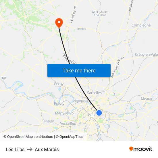 Les Lilas to Aux Marais map