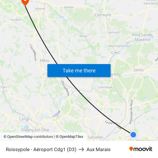 Roissypole - Aéroport Cdg1 (D3) to Aux Marais map