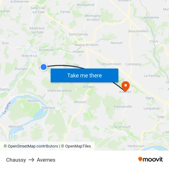 Chaussy to Avernes map
