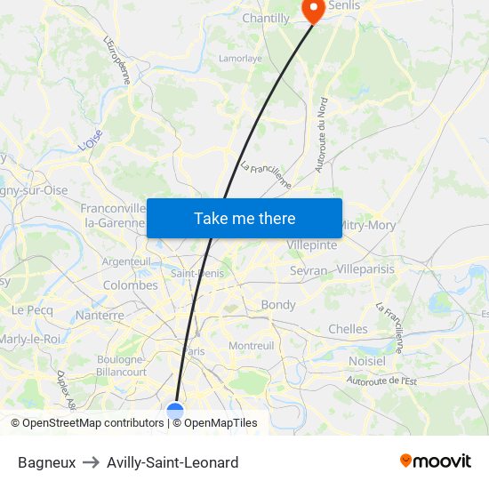 Bagneux to Avilly-Saint-Leonard map