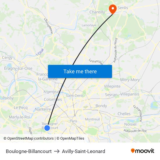 Boulogne-Billancourt to Avilly-Saint-Leonard map