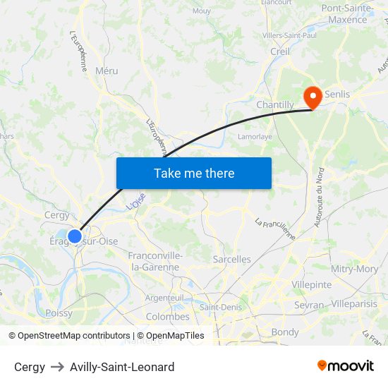 Cergy to Avilly-Saint-Leonard map