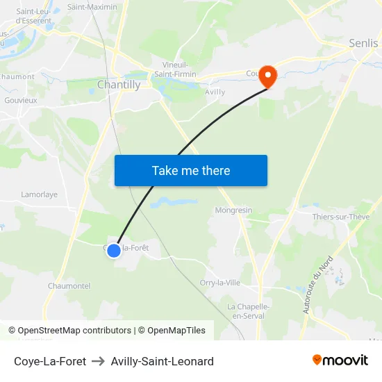 Coye-La-Foret to Avilly-Saint-Leonard map