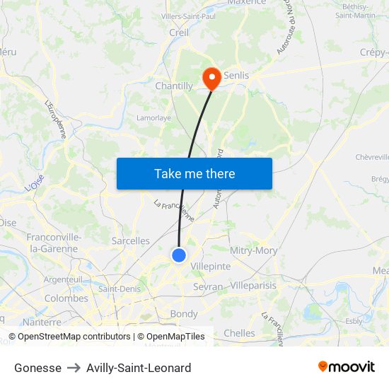 Gonesse to Avilly-Saint-Leonard map