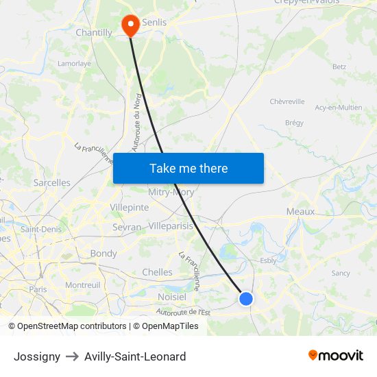 Jossigny to Avilly-Saint-Leonard map