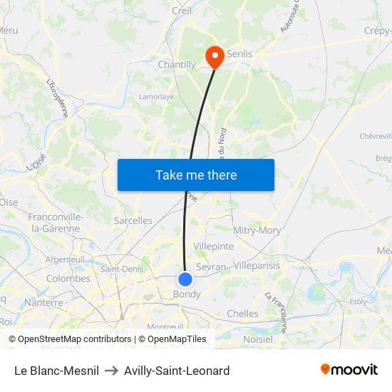 Le Blanc-Mesnil to Avilly-Saint-Leonard map