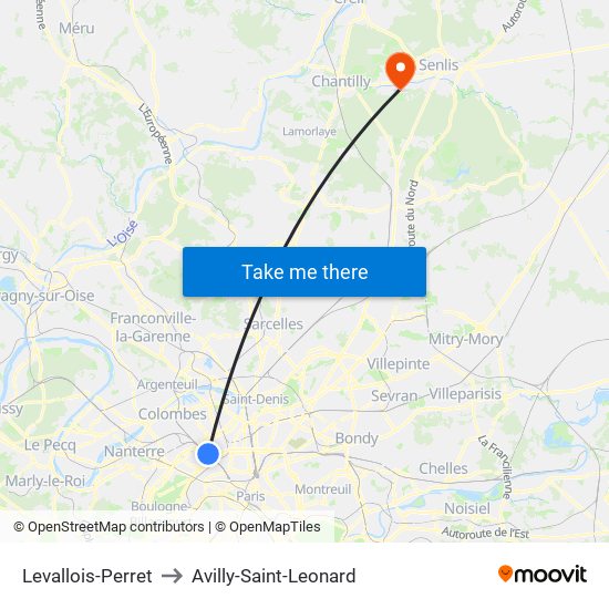 Levallois-Perret to Avilly-Saint-Leonard map