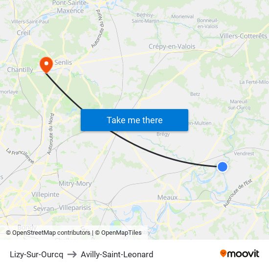Lizy-Sur-Ourcq to Avilly-Saint-Leonard map