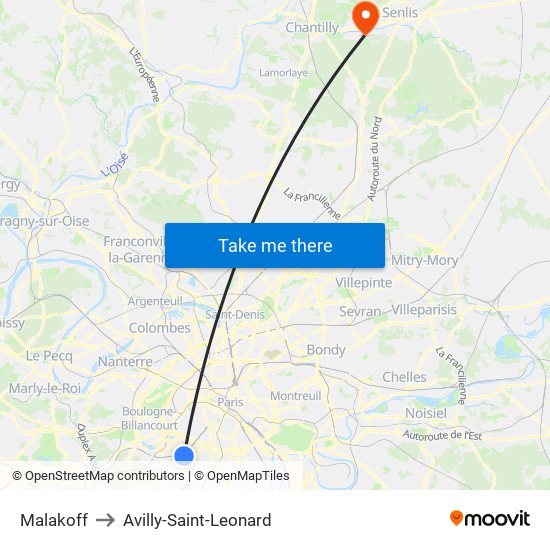 Malakoff to Avilly-Saint-Leonard map