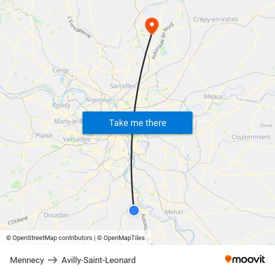 Mennecy to Avilly-Saint-Leonard map