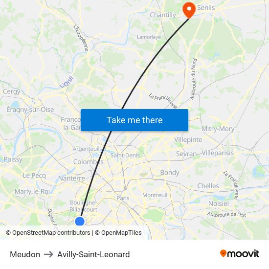 Meudon to Avilly-Saint-Leonard map