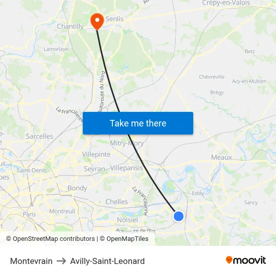 Montevrain to Avilly-Saint-Leonard map