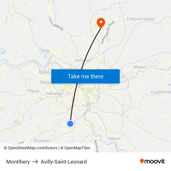Montlhery to Avilly-Saint-Leonard map