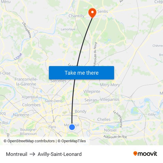 Montreuil to Avilly-Saint-Leonard map
