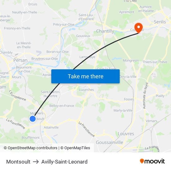 Montsoult to Avilly-Saint-Leonard map