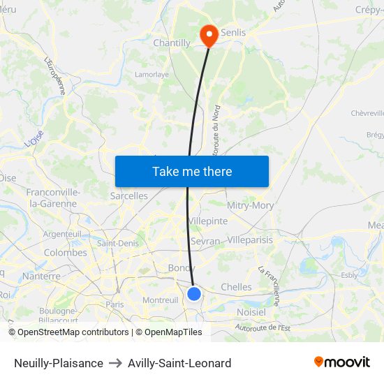 Neuilly-Plaisance to Avilly-Saint-Leonard map