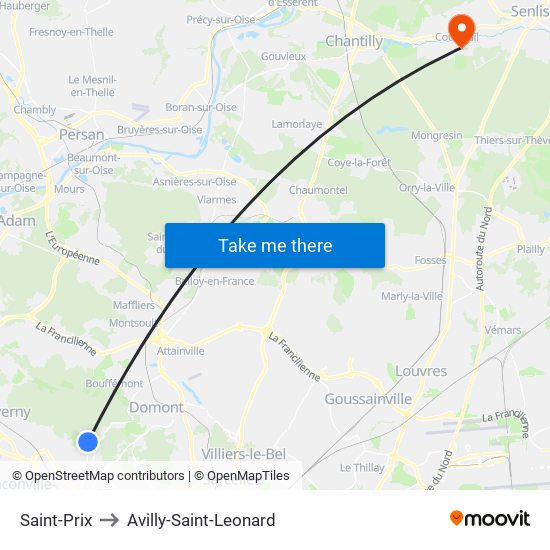 Saint-Prix to Avilly-Saint-Leonard map