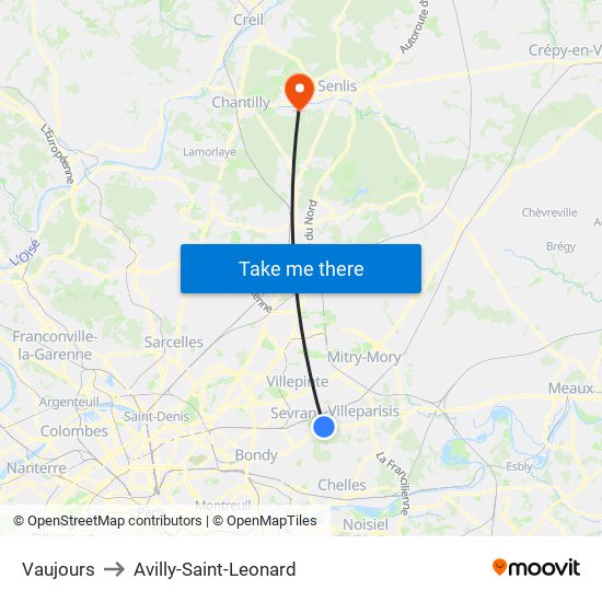 Vaujours to Avilly-Saint-Leonard map