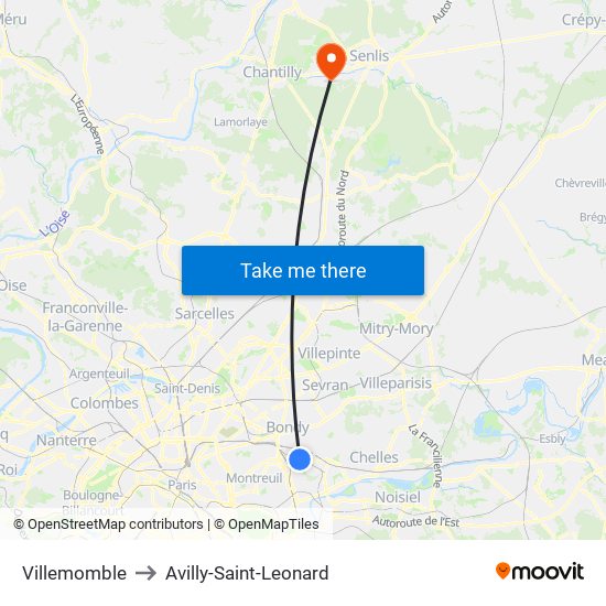 Villemomble to Avilly-Saint-Leonard map