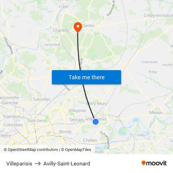 Villeparisis to Avilly-Saint-Leonard map