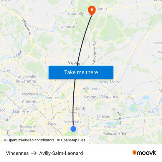 Vincennes to Avilly-Saint-Leonard map