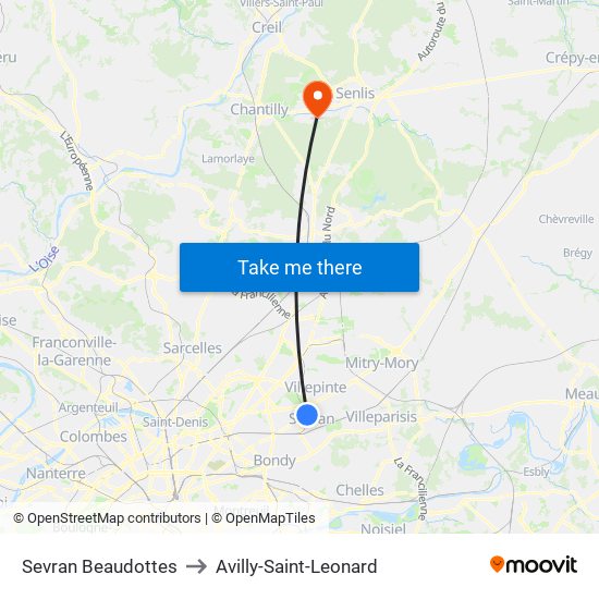 Sevran Beaudottes to Avilly-Saint-Leonard map
