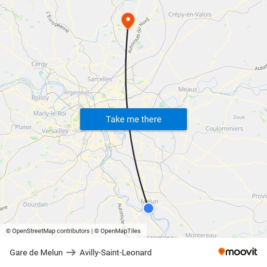 Gare de Melun to Avilly-Saint-Leonard map