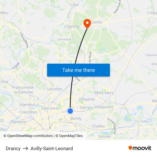 Drancy to Avilly-Saint-Leonard map