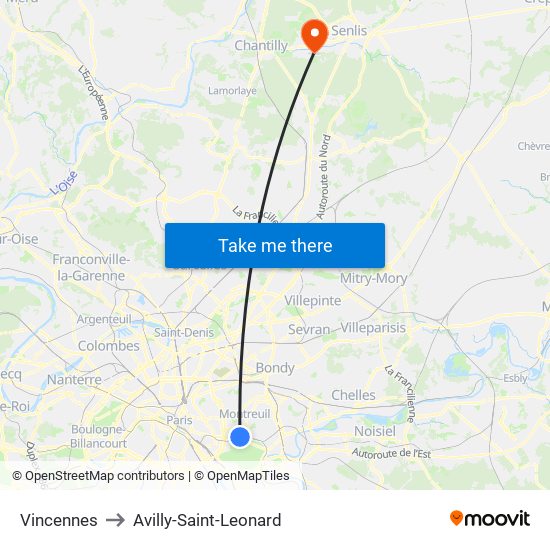 Vincennes to Avilly-Saint-Leonard map