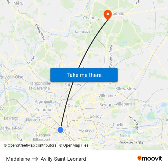 Madeleine to Avilly-Saint-Leonard map
