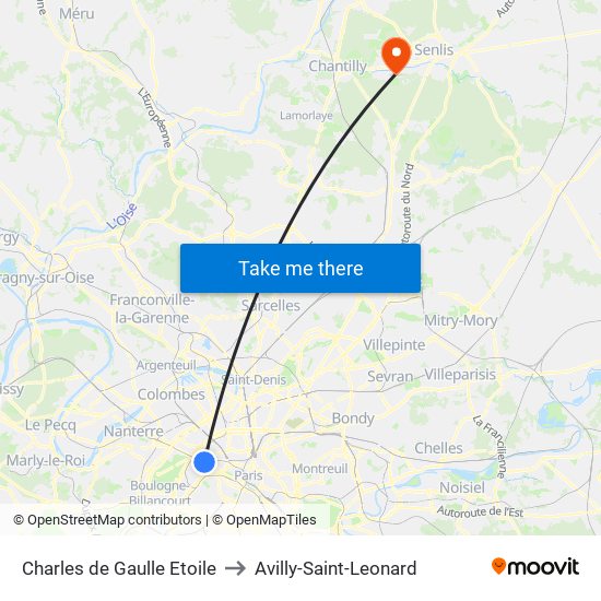 Charles de Gaulle Etoile to Avilly-Saint-Leonard map